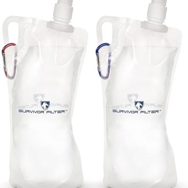 Survivor Filter Collapsible Water Bottles, Canteens (32oz) 2 Pack (2L Total) - Durable Carabiners and Handles. Squeeze Water through a Filter or Use as Water Bottles