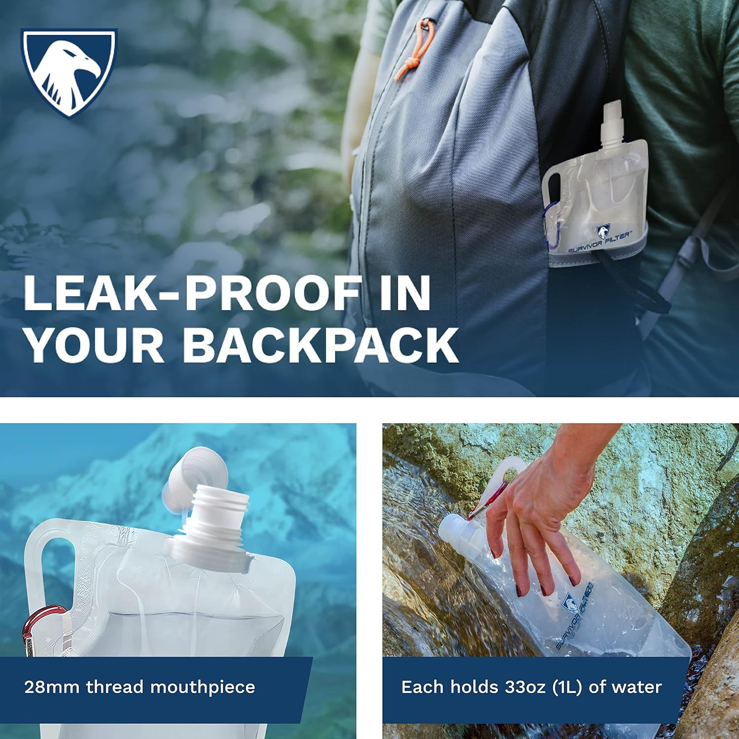 Survivor Filter Collapsible Water Bottles, Canteens (32oz) 2 Pack (2L Total) - Durable Carabiners and Handles. Squeeze Water through a Filter or Use as Water Bottles - Image 2