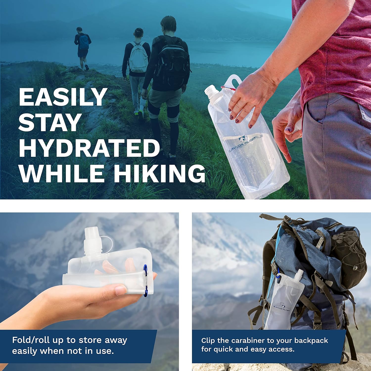 Survivor Filter Collapsible Water Bottles, Canteens (32oz) 2 Pack (2L Total) - Durable Carabiners and Handles. Squeeze Water through a Filter or Use as Water Bottles - Image 3