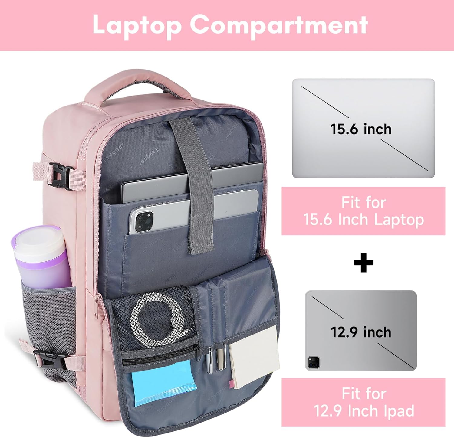 Travel Backpack for Women, Carry On Backpack with USB Charging Port & Shoe Pouch, TSA 15.6inch Laptop Mochila Flight Approved, Nurse Bag Casual Daypack for Weekender Business Hiking, Pink - Image 5