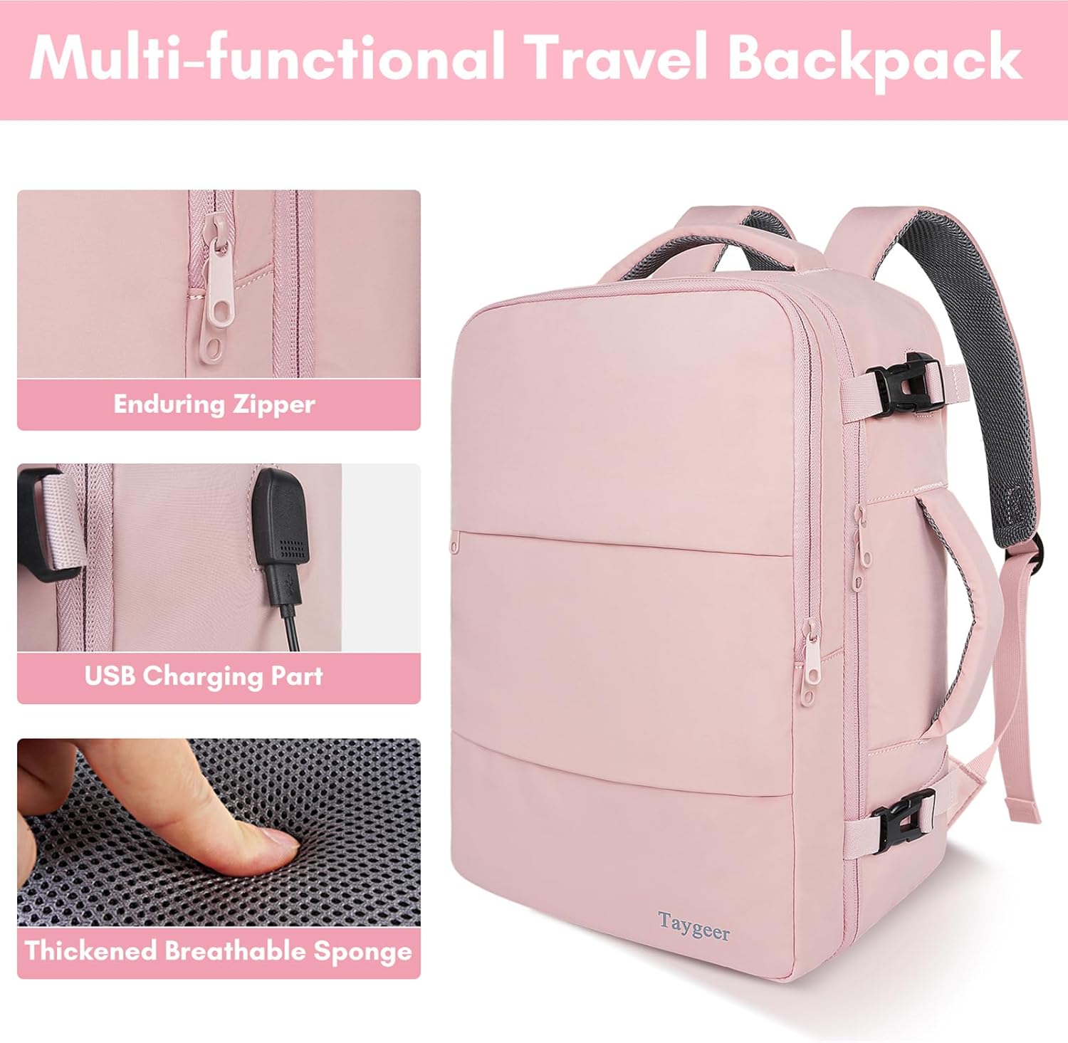 Travel Backpack for Women, Carry On Backpack with USB Charging Port & Shoe Pouch, TSA 15.6inch Laptop Mochila Flight Approved, Nurse Bag Casual Daypack for Weekender Business Hiking, Pink - Image 8